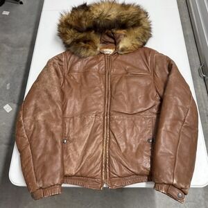 Alan Michaels Leather Puffer Jacket Mens M  Brown Fair Distressed Fur Hood Zip